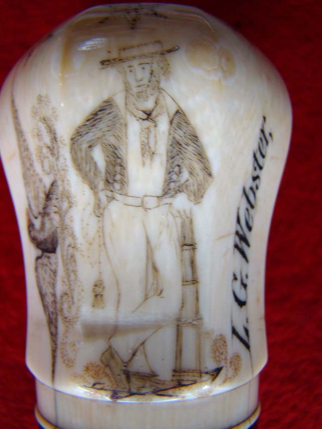 A RARE and beautiful 19th century American presentation walking stick with an eight sided scrimshawed ivory knob and a spiral twist entwined rope pattern dark rosewood shaft. — image 2